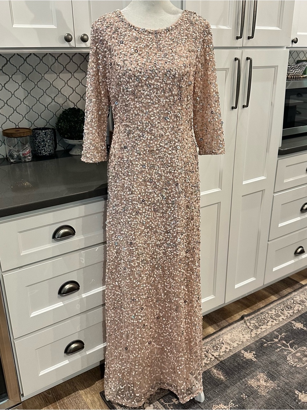 Adrianna Papell Scoop Back Sequin Gown Champagne Silver 12 Formal Dress Wedding - Picture 3 of 15